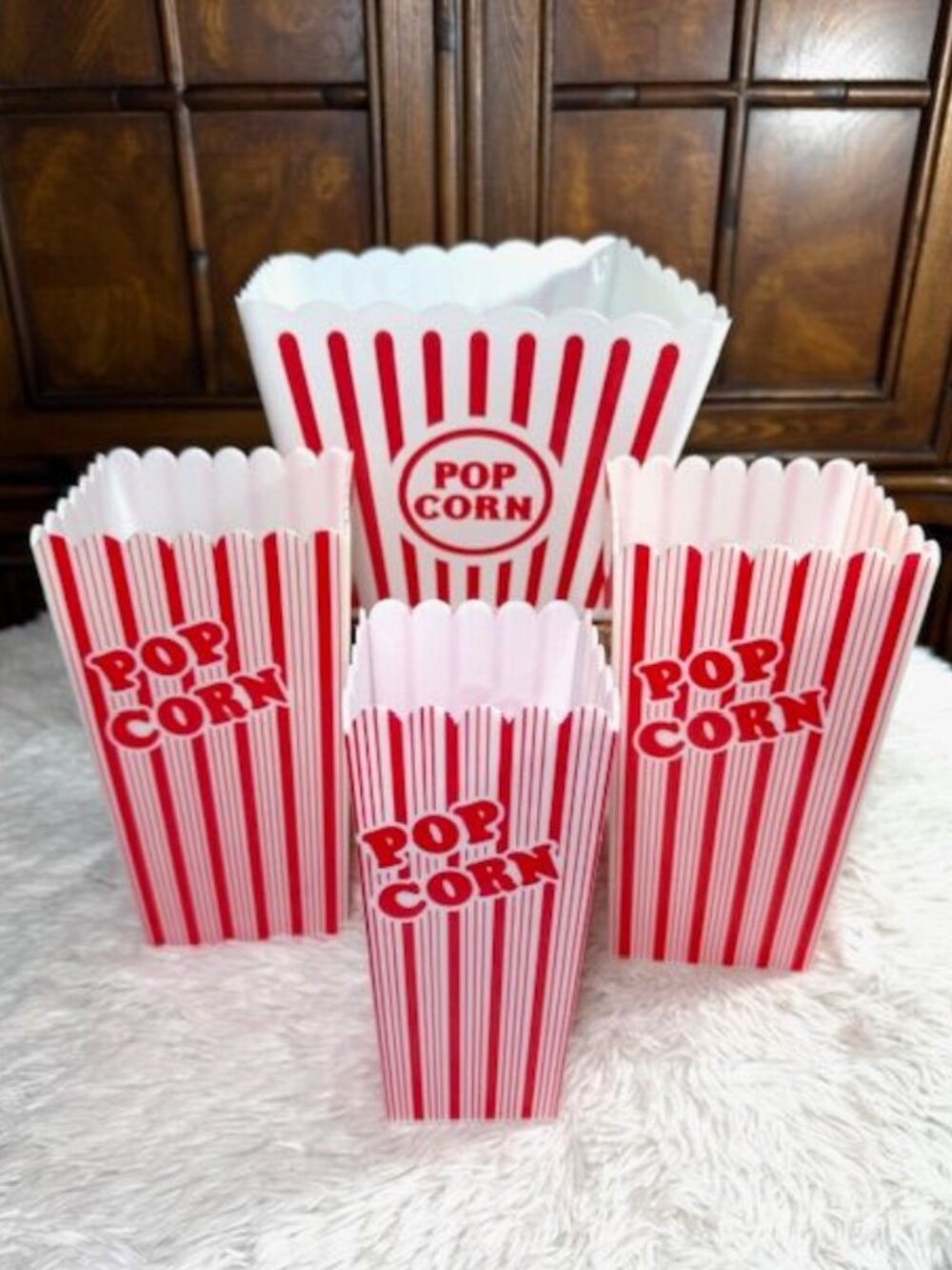 Set of 4 Red White Stripe Retro Plastic Popcorn Reusable Bucket Tubs